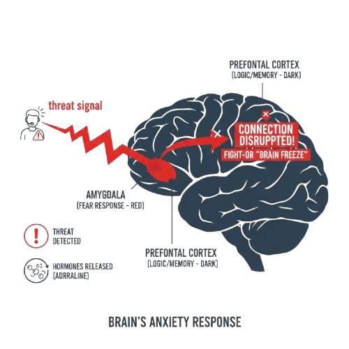 Diagram of brain highlighting amygdala and prefrontal cortex during speech anxiety