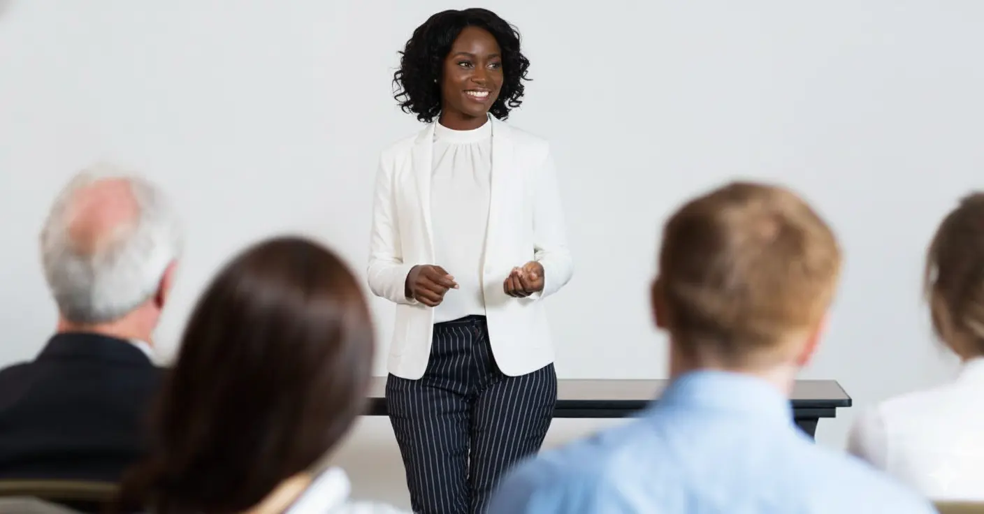 Confident speaker standing and smiling while addressing an audience seated in chairs