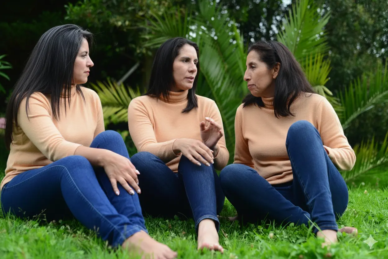 Three women practicing daily speaking habits through conversation outdoors in a garden setting
